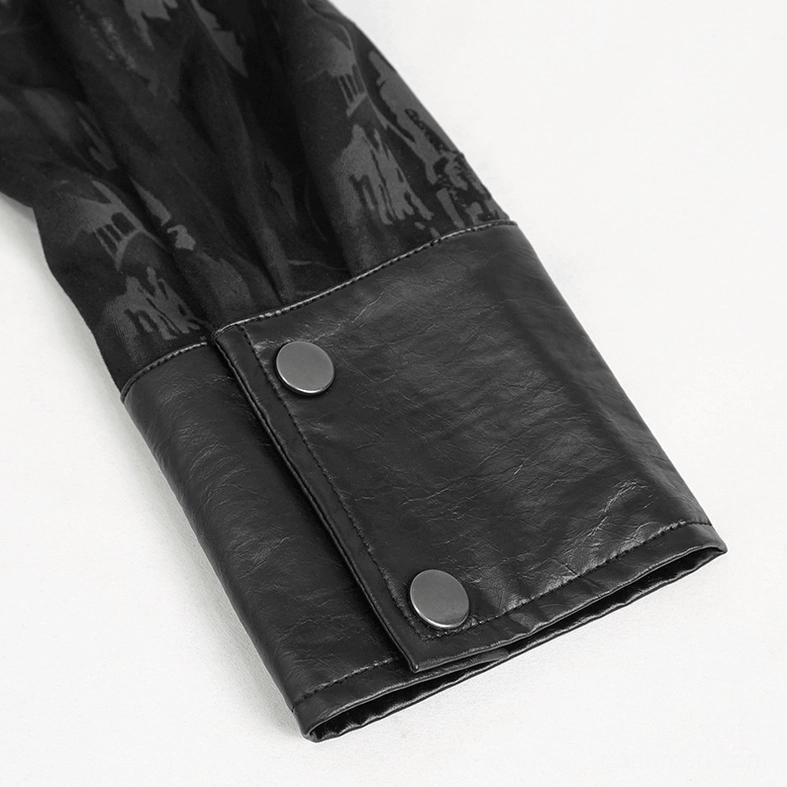 Close-up detail of black gothic shirt cuff with metal snap buttons and PU leather finish