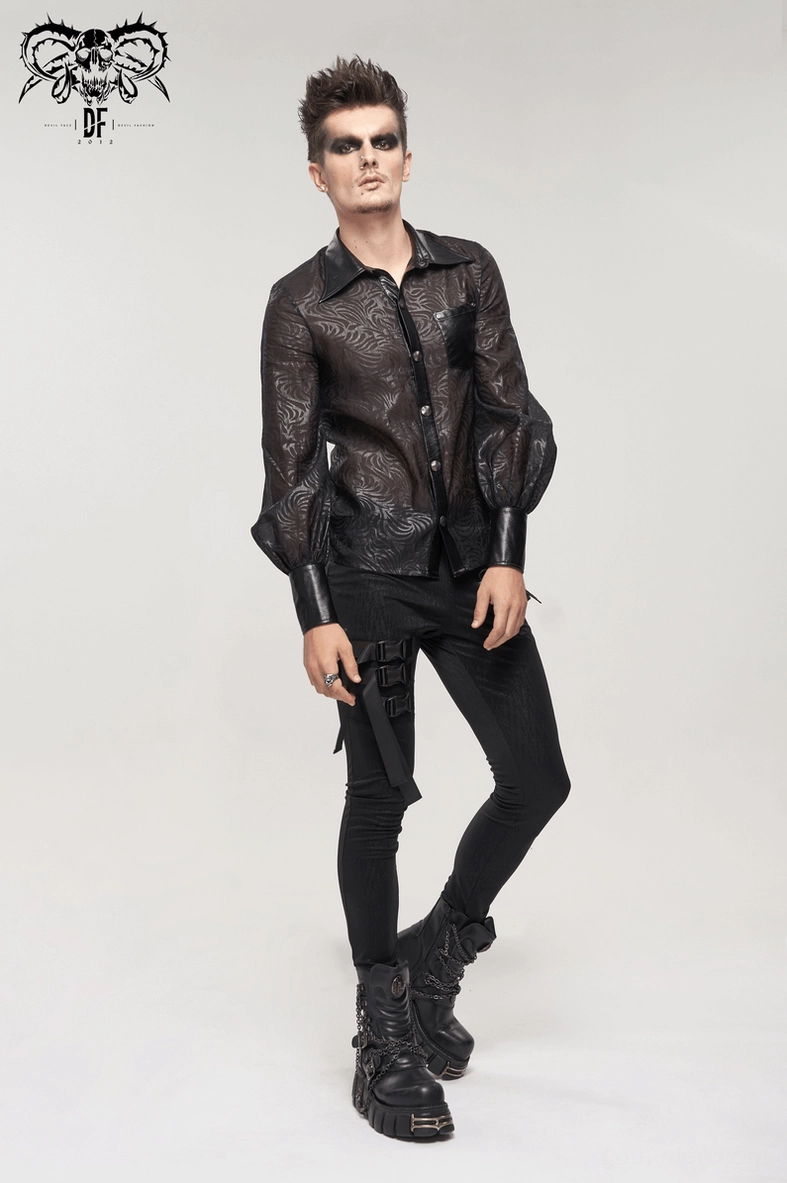 Close-up view of black gothic transparent shirt cuff, sleeve edge, and pu leather finishing details with metal hardware
