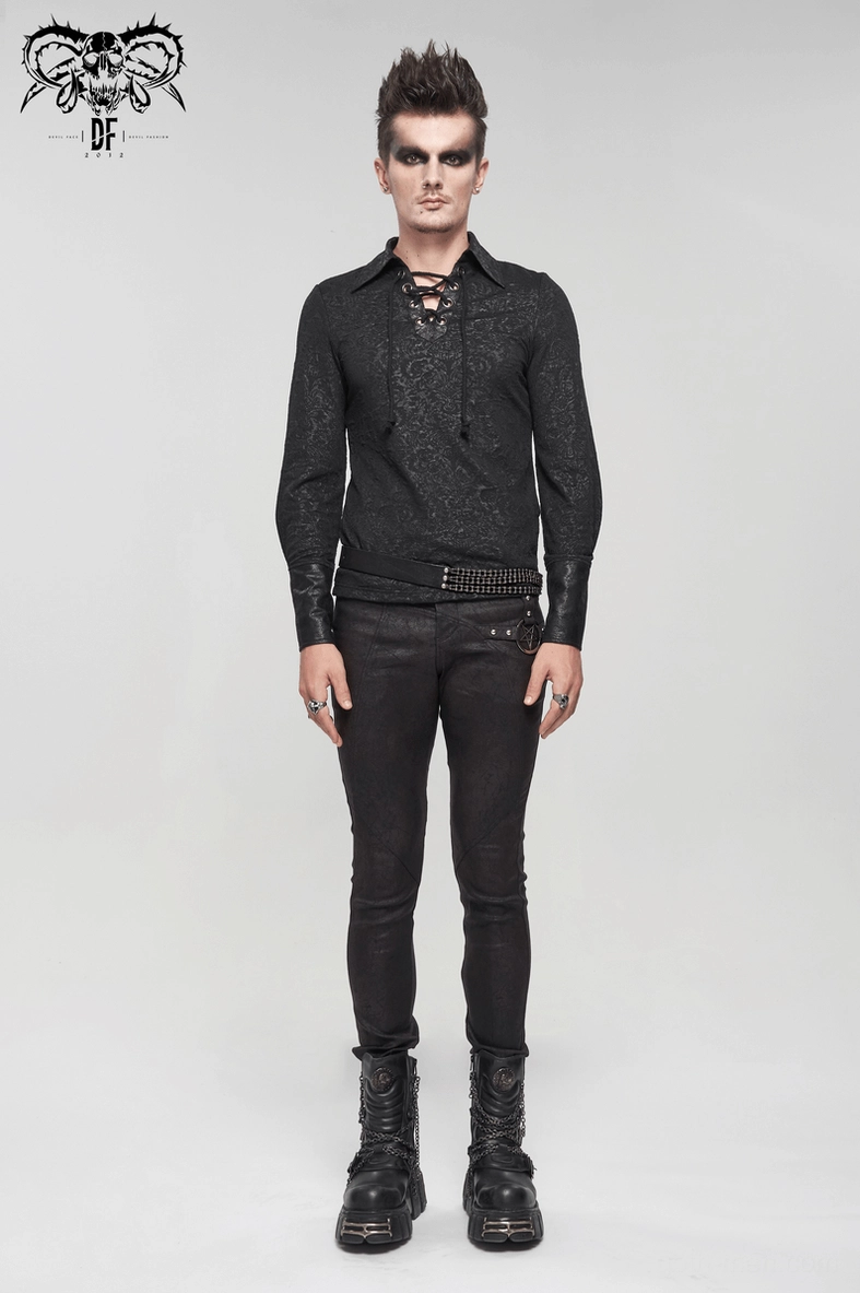Black gothic dress shirt cuff and sleeve detail showing slim-fit construction and faux leather trim