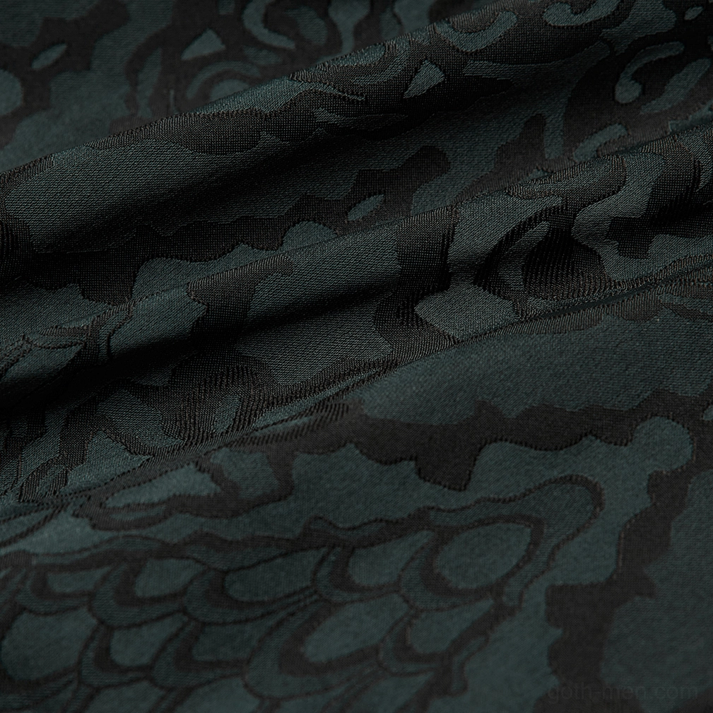 Fabric texture close-up of intricate damask jacquard pattern in dark green with black tonal accents