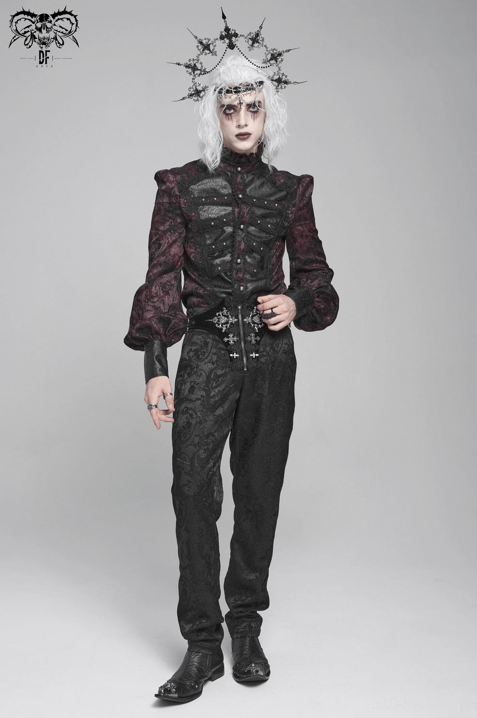 Burgundy gothic romantic shirt detail shot of ruffled elements and decorative button placement
