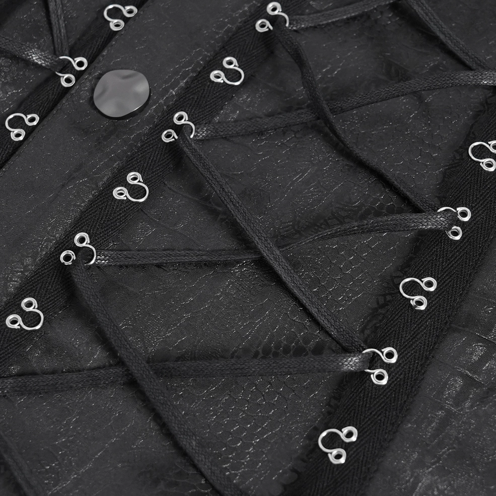Gothic sleeveless shirt detail shot emphasizing metal buttons, grommets, and adjustable hem construction