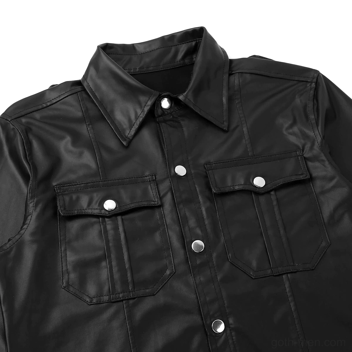 Close-up detail of black patent leather gothic shirt - silver snap buttons, glossy wet-look texture, pointed turn-down collar
