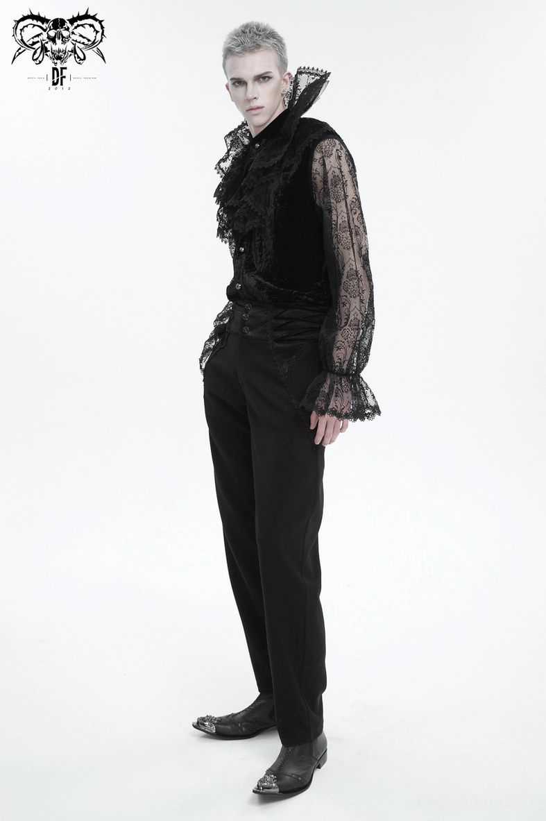 Gothic stand collar lace shirt dramatic angle showing contrast between velvet and sheer elements