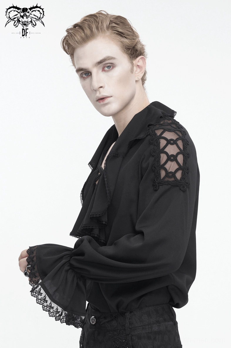 Black gothic bishop sleeve ruffle shirt detail - dramatic sleeve volume and theatrical design elements