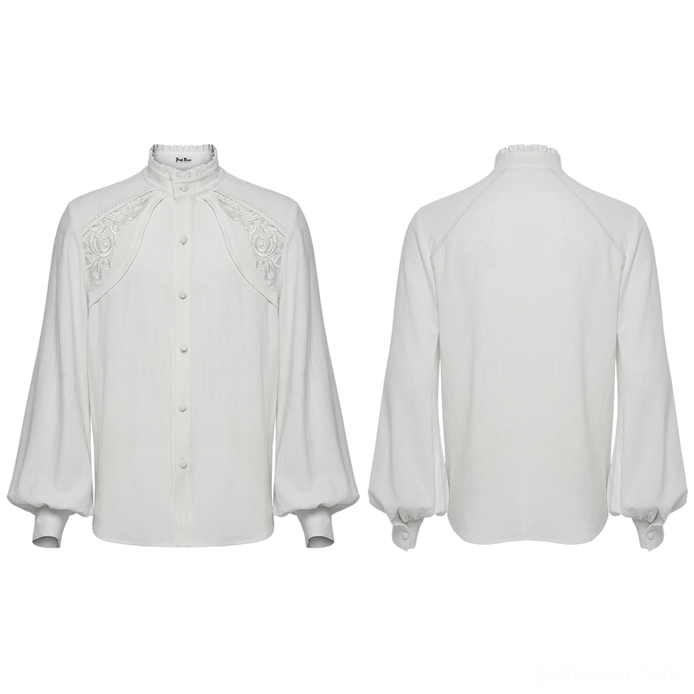 Flat lay gothic white embroidered shirt front and rear view with button placket and frilled collar detail
