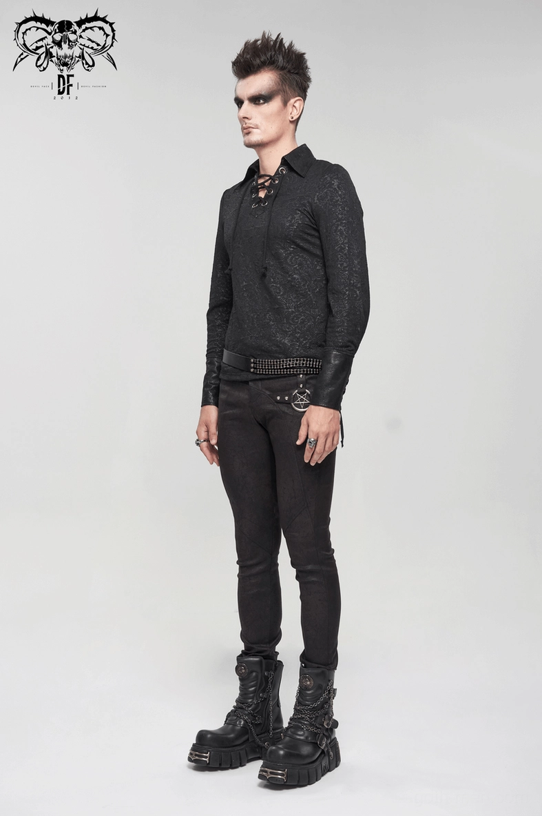 Gothic jacquard lace-up shirt front close-up showing metal eyelet detail and black lace string