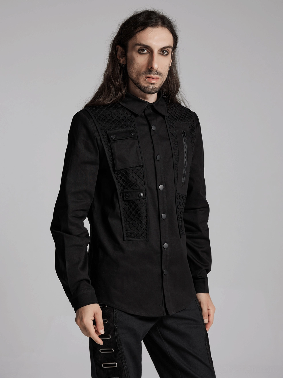Industrial gothic shirt fabric composition showing 95% cotton elastane blend and mesh panel layering