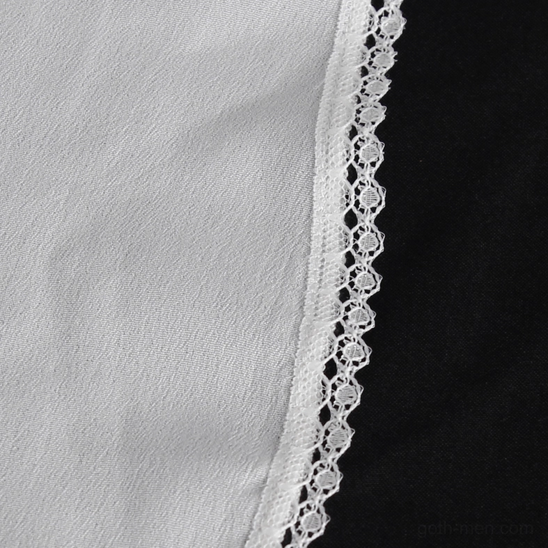 Men's Gothic Ruffled Shirt Fabric Detail - Close-Up of Matte Woven Polyester and Delicate Scalloped Lace Border
