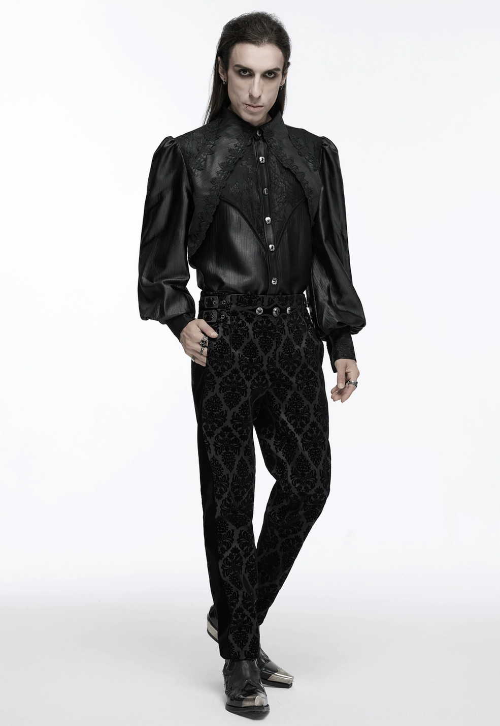 Detail shot of gothic shirt fabric texture - glossy woven material with lace embellishment