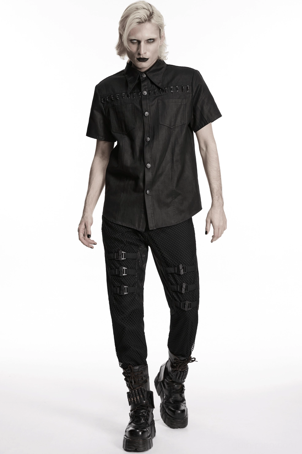 Black gothic shirt showing fitted silhouette and structured design elements
