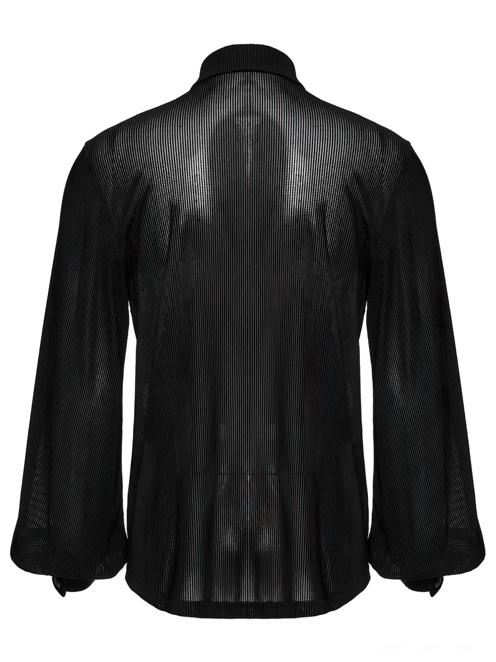 Back flat lay of black striped mesh gothic shirt showing sheer fabric and tailored back hem construction