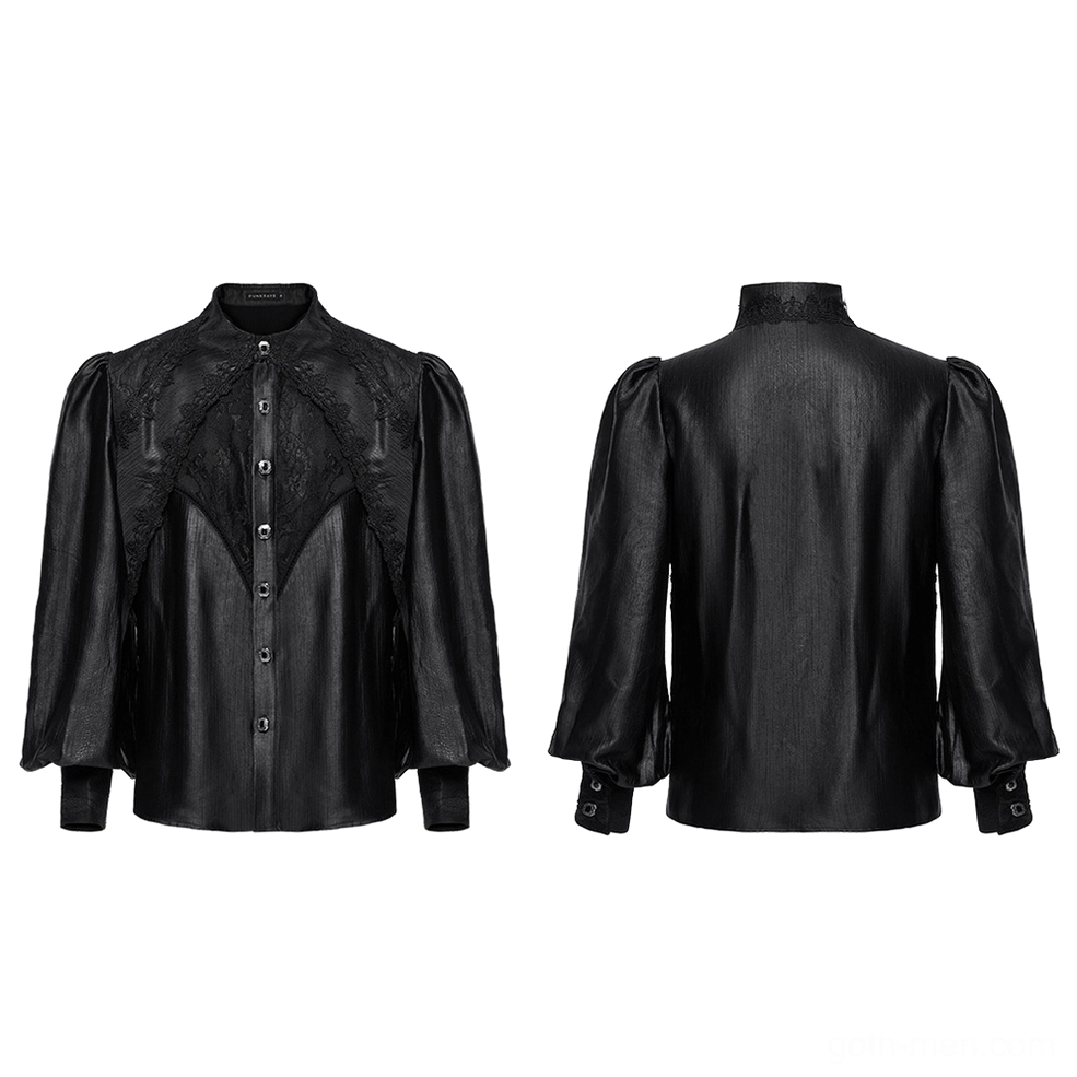 Flat lay front and back display of black gothic men's shirt with structured collar and lace panel