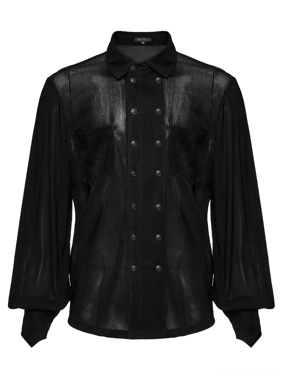 Front flat lay of black striped mesh gothic shirt showing vertical stripe pattern and double-breasted fastening