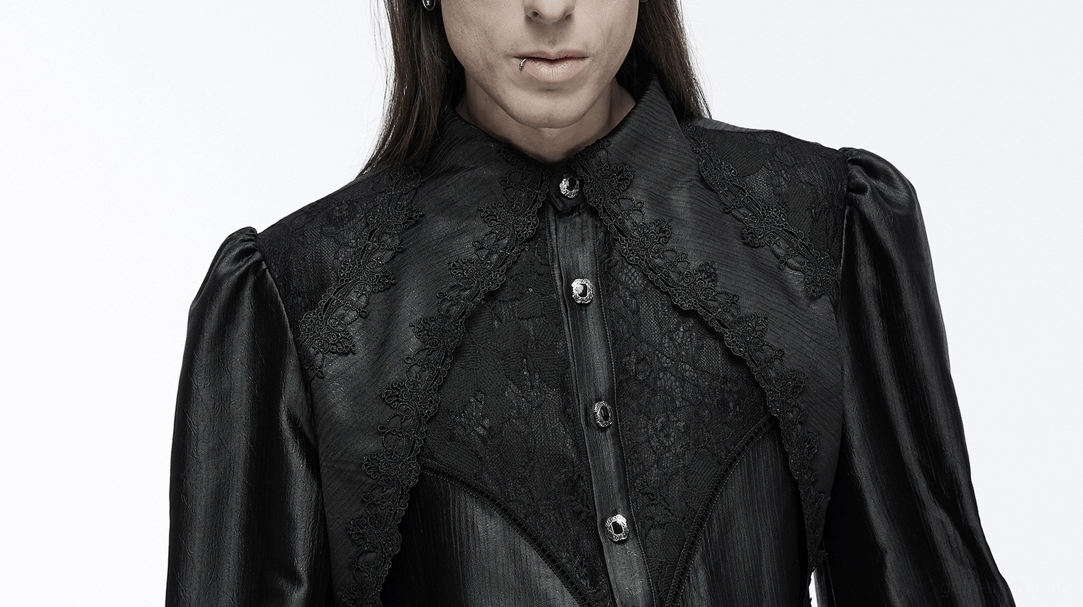 Flat lay showing gothic bubble sleeve shirt with measurement scale for sizing reference