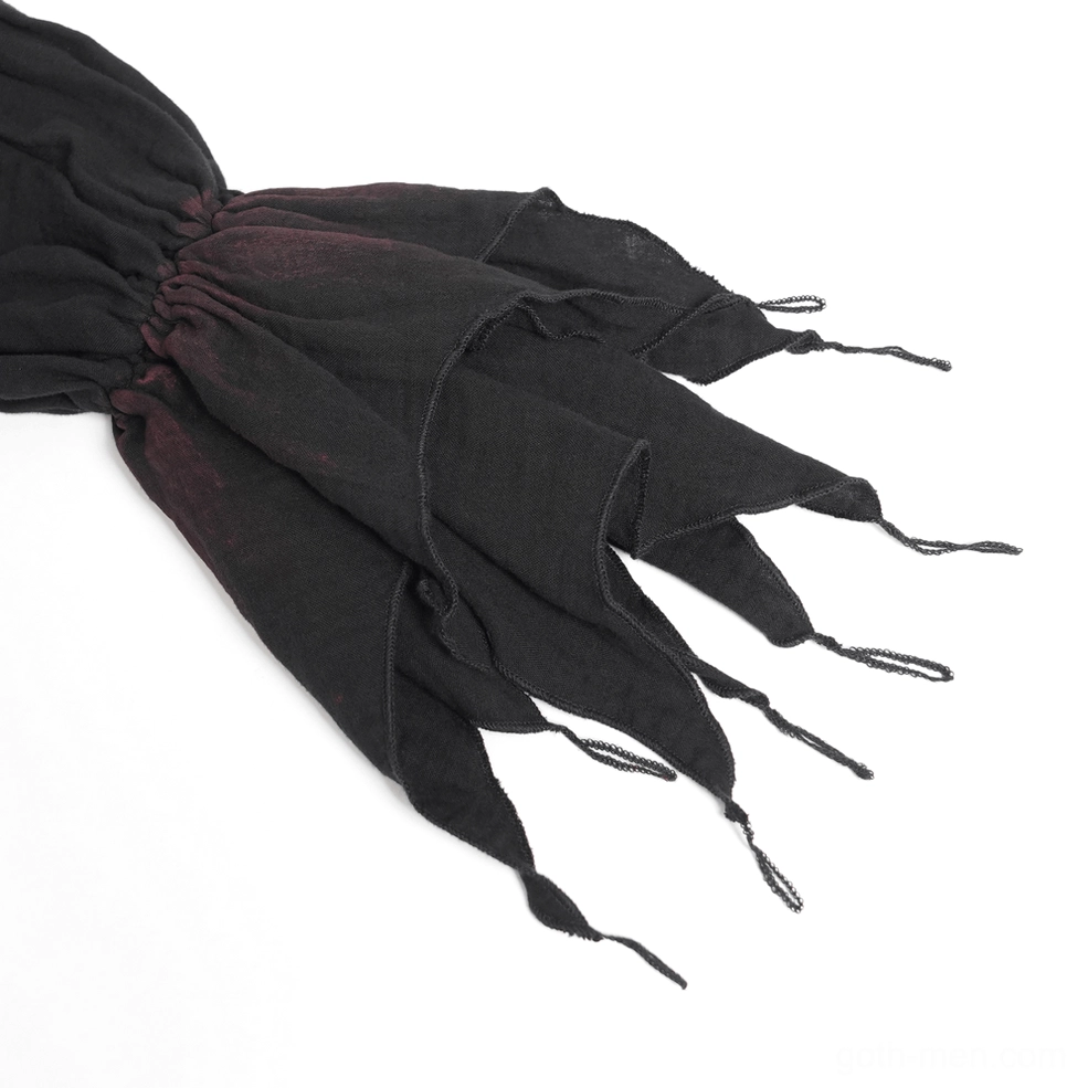 Gothic men's ruffled shirt cuff detail, featuring frayed edges and wine-red gradient distressing
