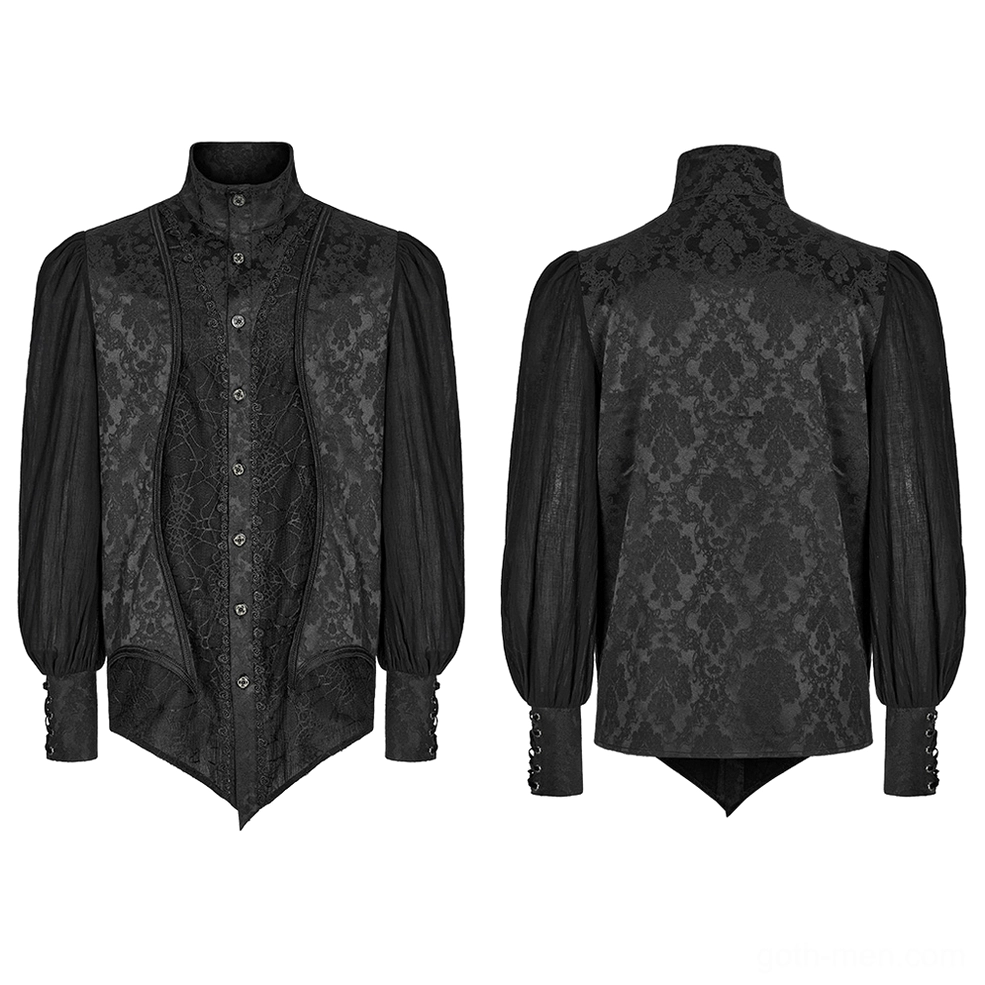 Flat lay comparison of gothic jacquard stand collar shirt front and back displaying structured silhouette