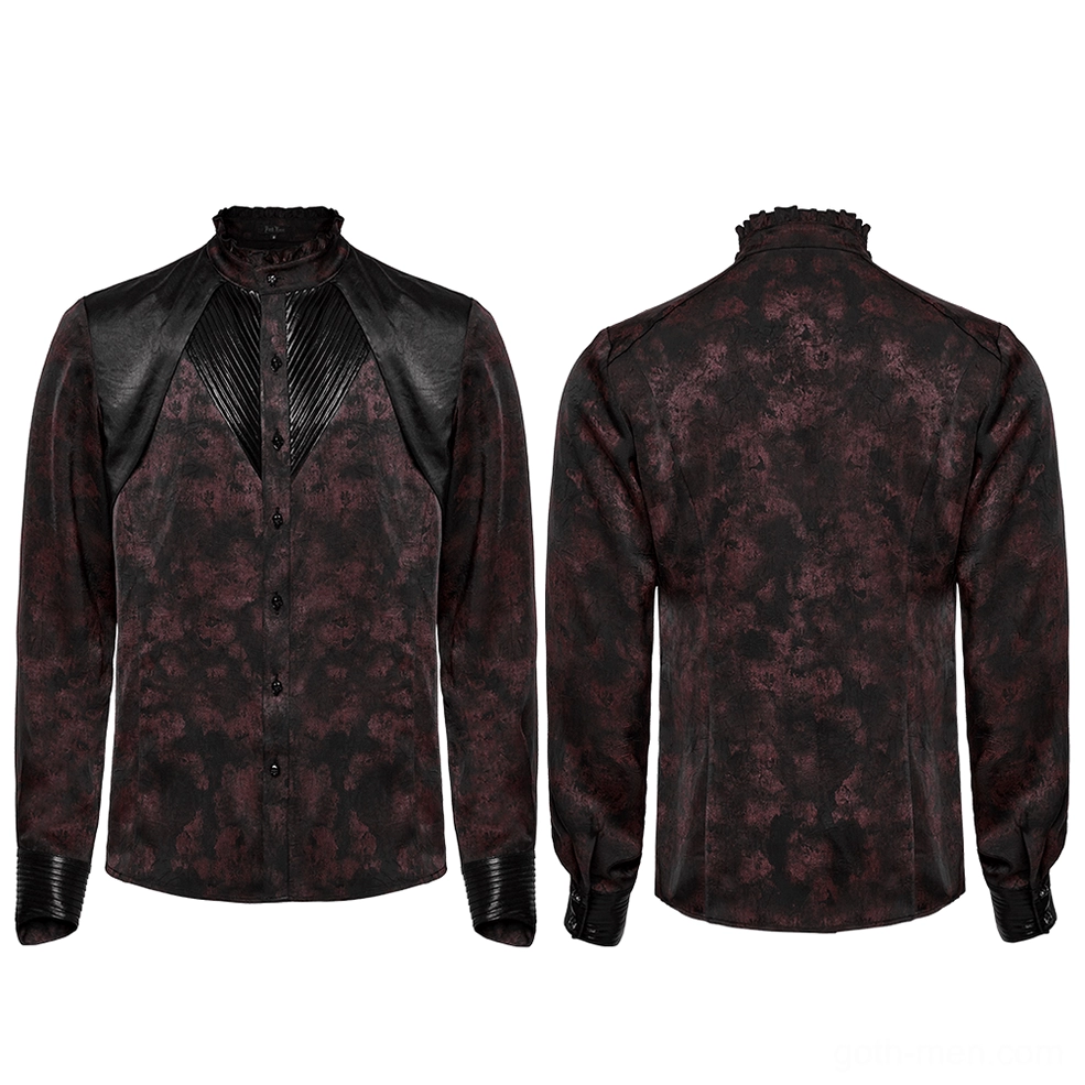 Black and wine-red gothic dress shirt front and back flat lay comparison showing pleated collar structure, leather trim placement, and overall silhouette