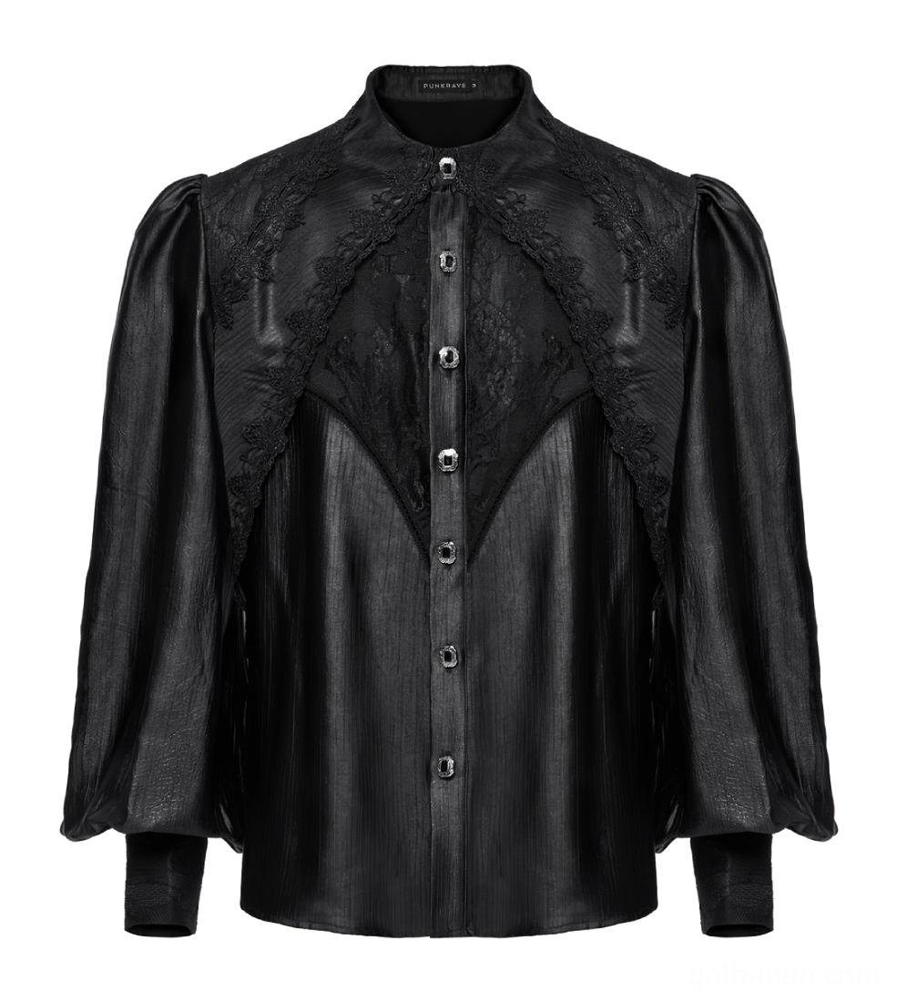 Detailed flat view of gothic shirt front - stand collar with lace trim and decorative vintage buttons
