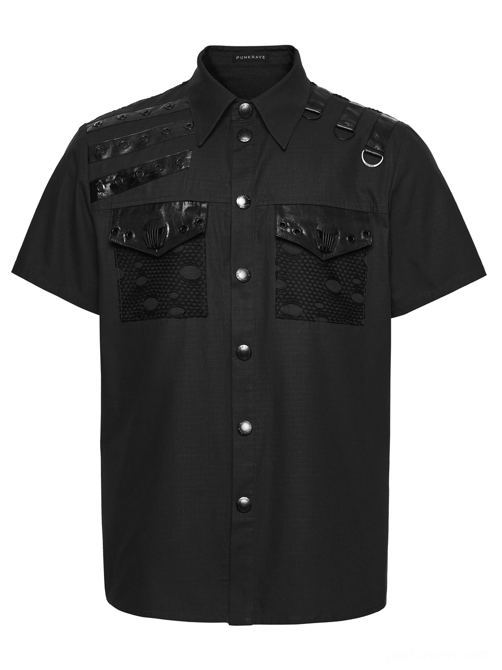 Black gothic harness shirt front flat lay showing button closure and mesh chest pocket details