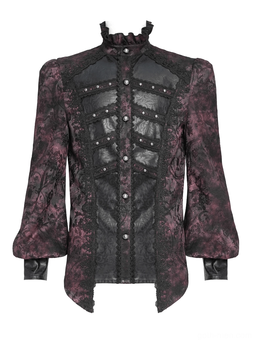 Front flat lay of burgundy gothic shirt with ruffled stand collar and ornate lace trim panels