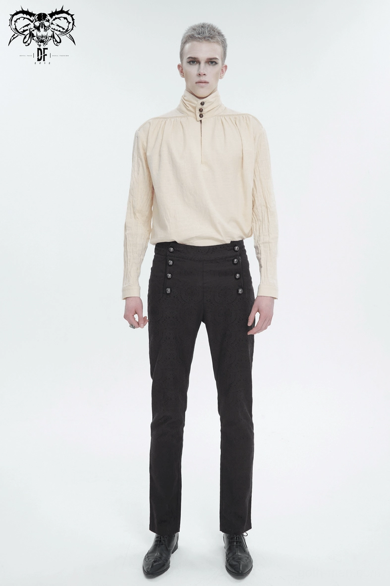 Gothic stand collar shirt front panel detail, displaying embroidered lace trim work and button fastening system