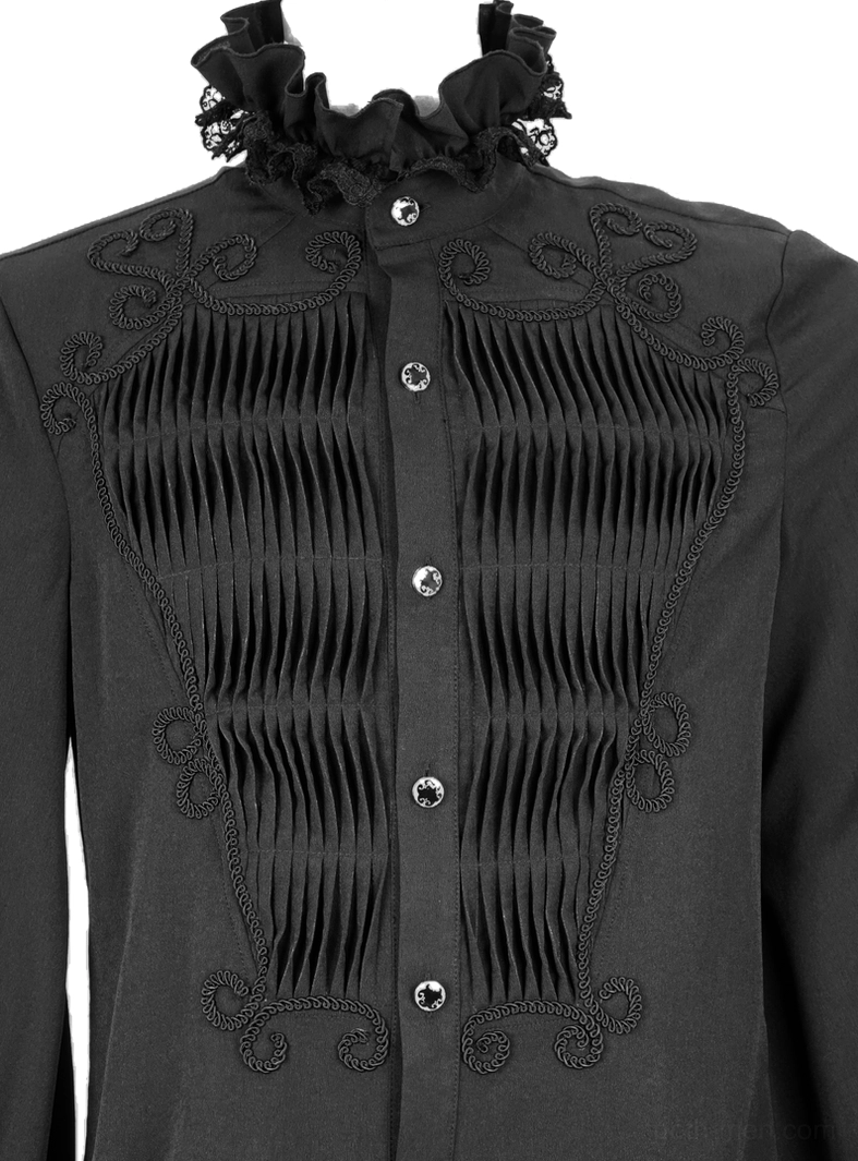 Black gothic shirt front panel close-up showing pleated construction and decorative button arrangement