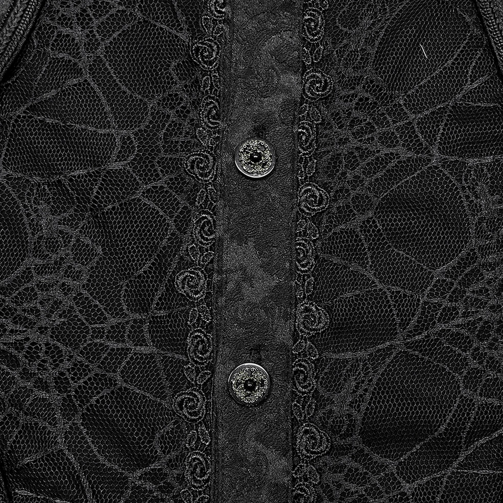 Close-up of gothic shirt front placket showing ornate silver buttons, embroidered trim, and mesh jacquard