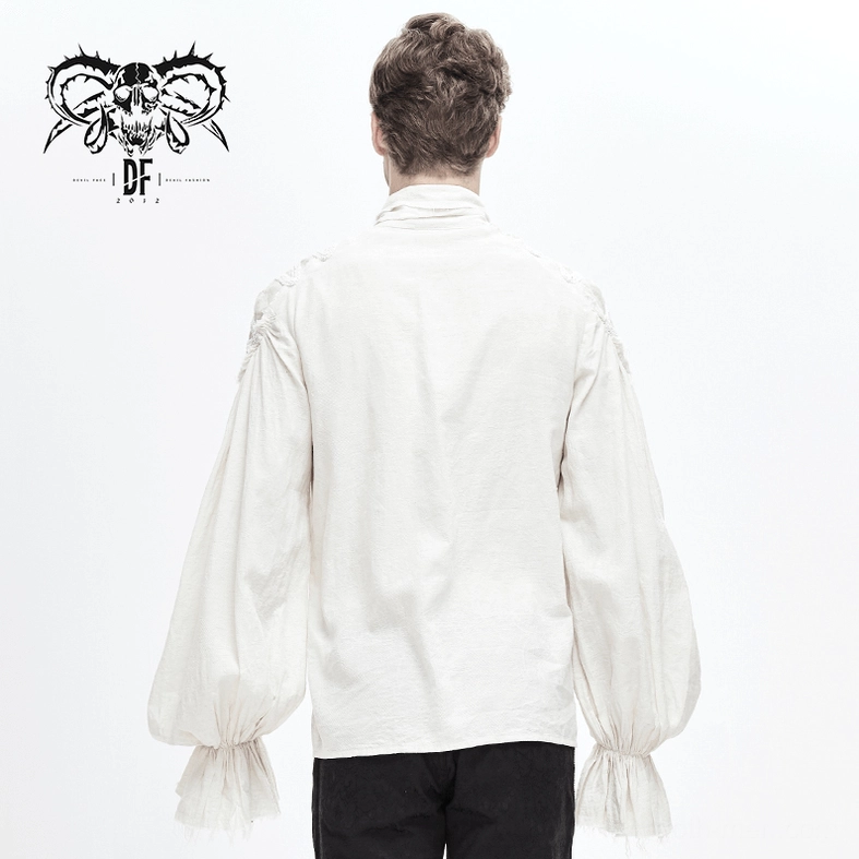 Front placket detail of white gothic shirt showing button construction and design