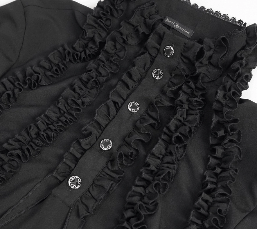 Close-up of black gothic shirt front placket, decorative metal buttons and brand label visible