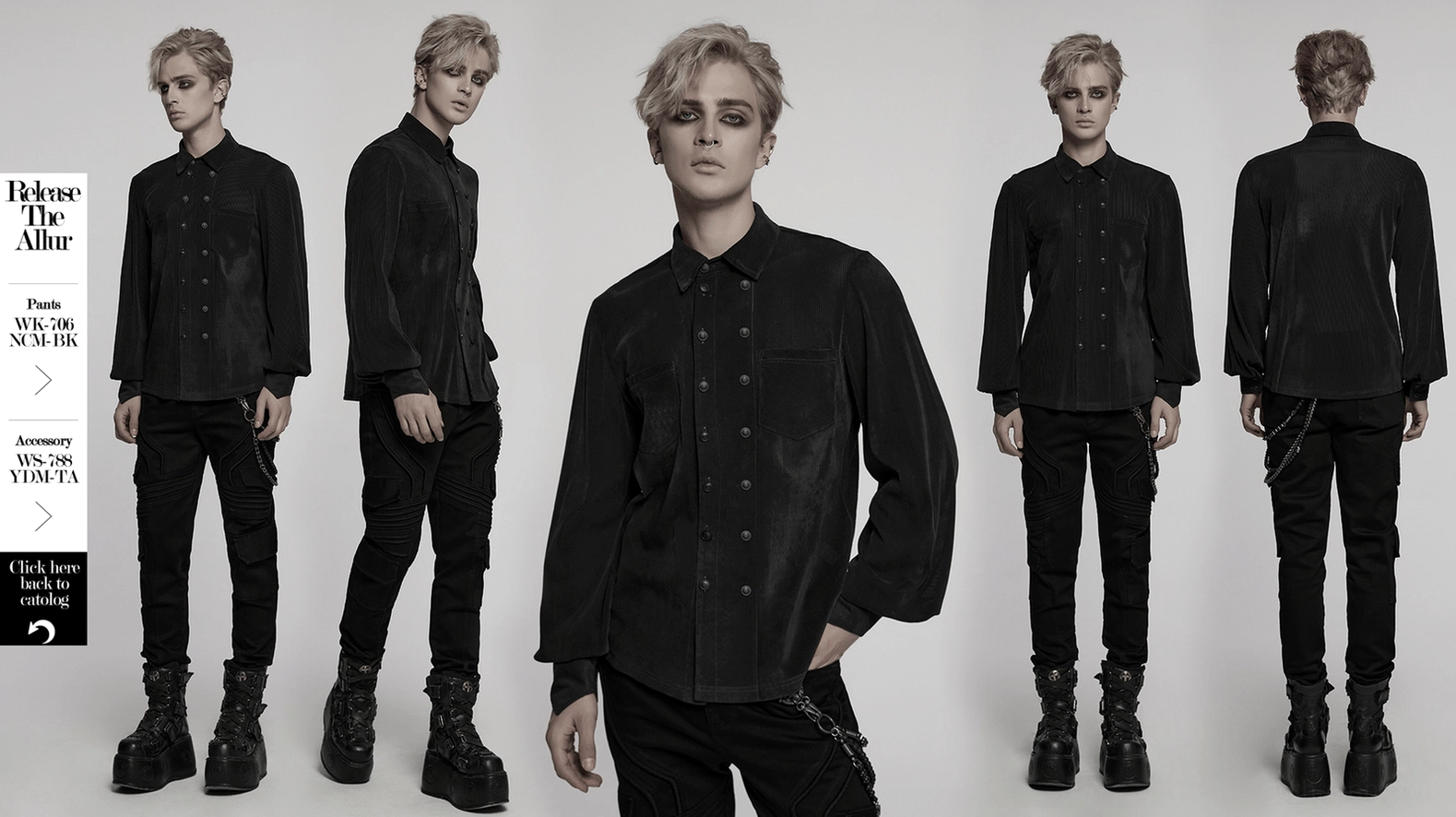 Full-body front view of model wearing black striped mesh gothic double-breasted shirt with pointed cuffs