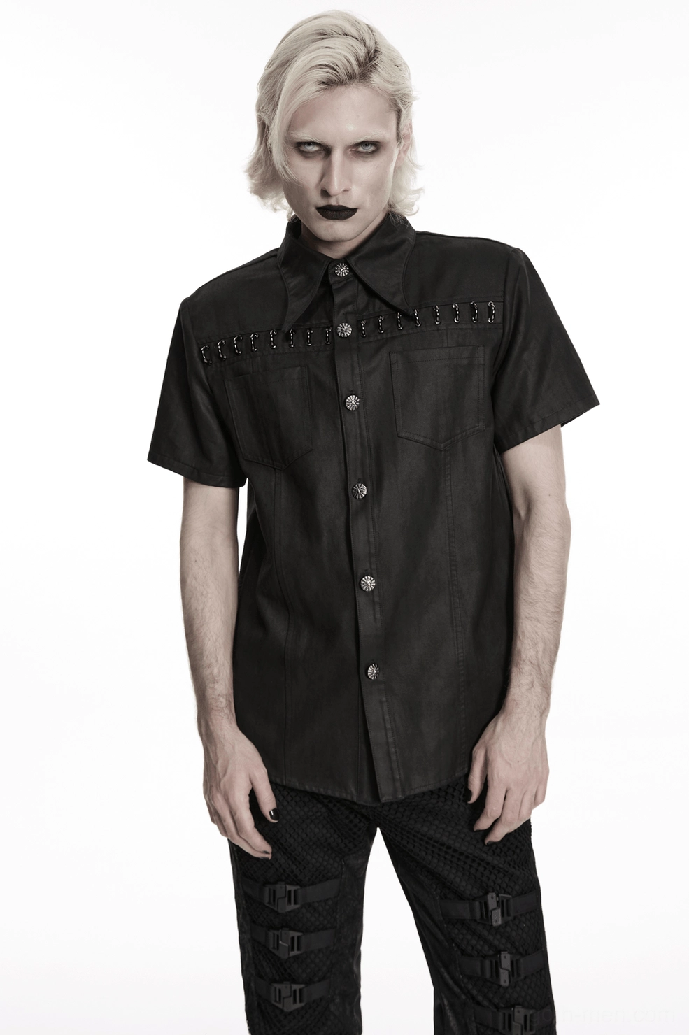 Black gothic shirt metal hardware semi-circular accent detail shot
