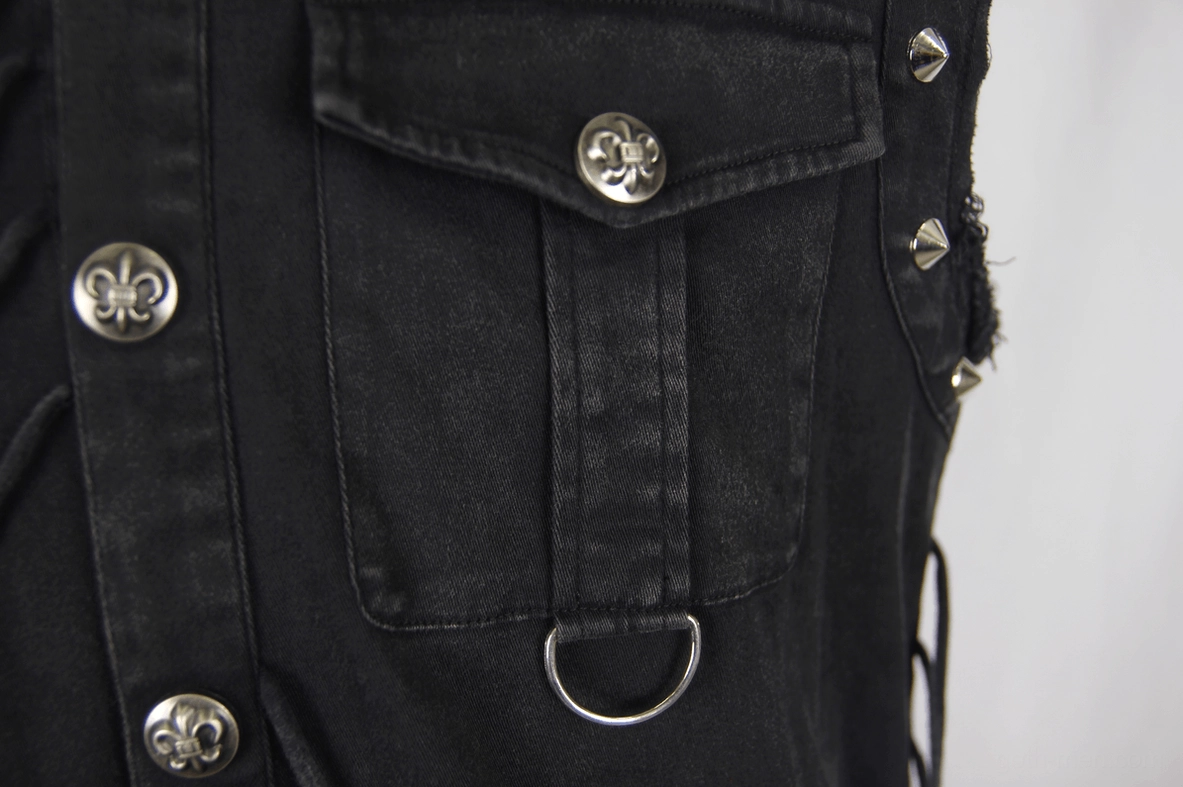 Gothic sleeveless shirt hardware close-up showing rivet placement chain attachments and metal snap buttons