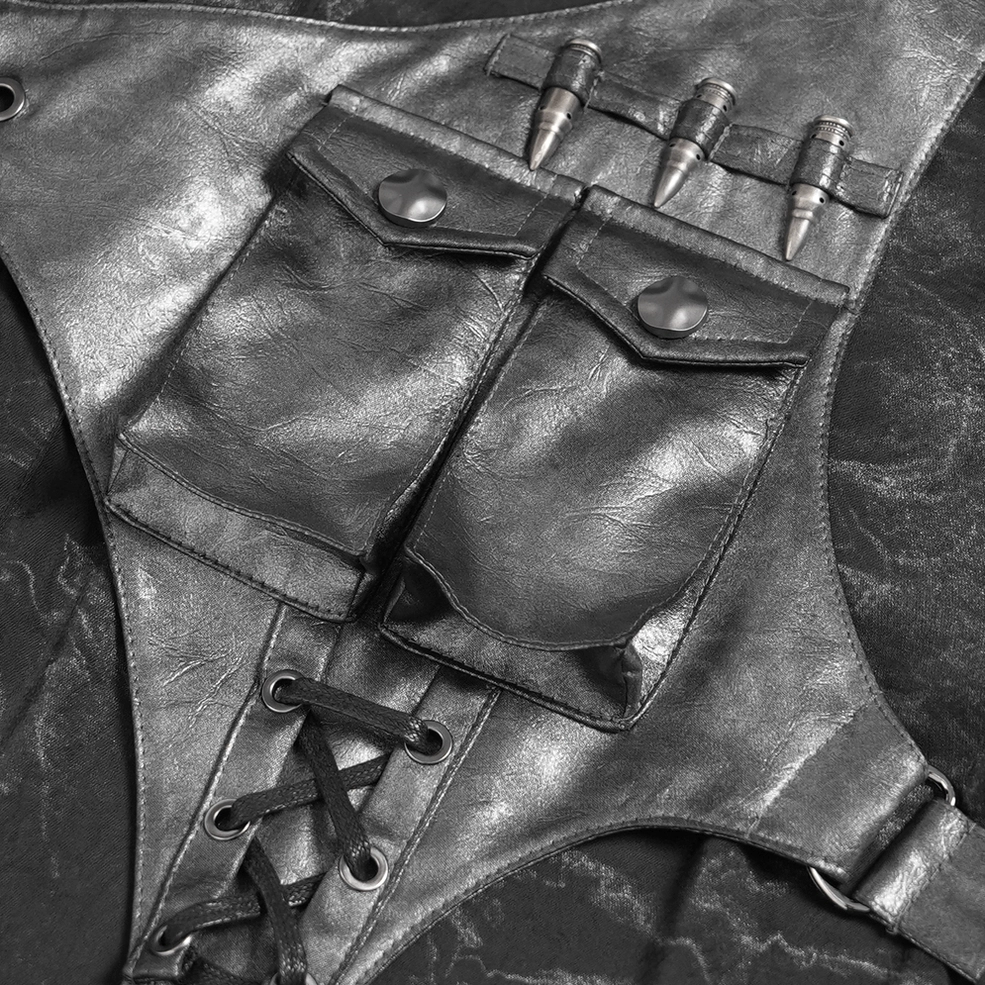 Pocket and buckle detail of PU leather harness on black gothic mens shirt