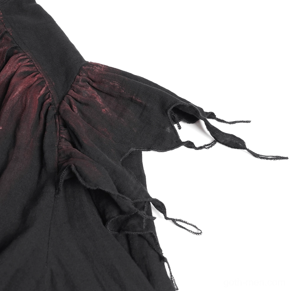 Black gothic shirt high collar detail, showing precision stitching of ruffled neckline and fabric layers