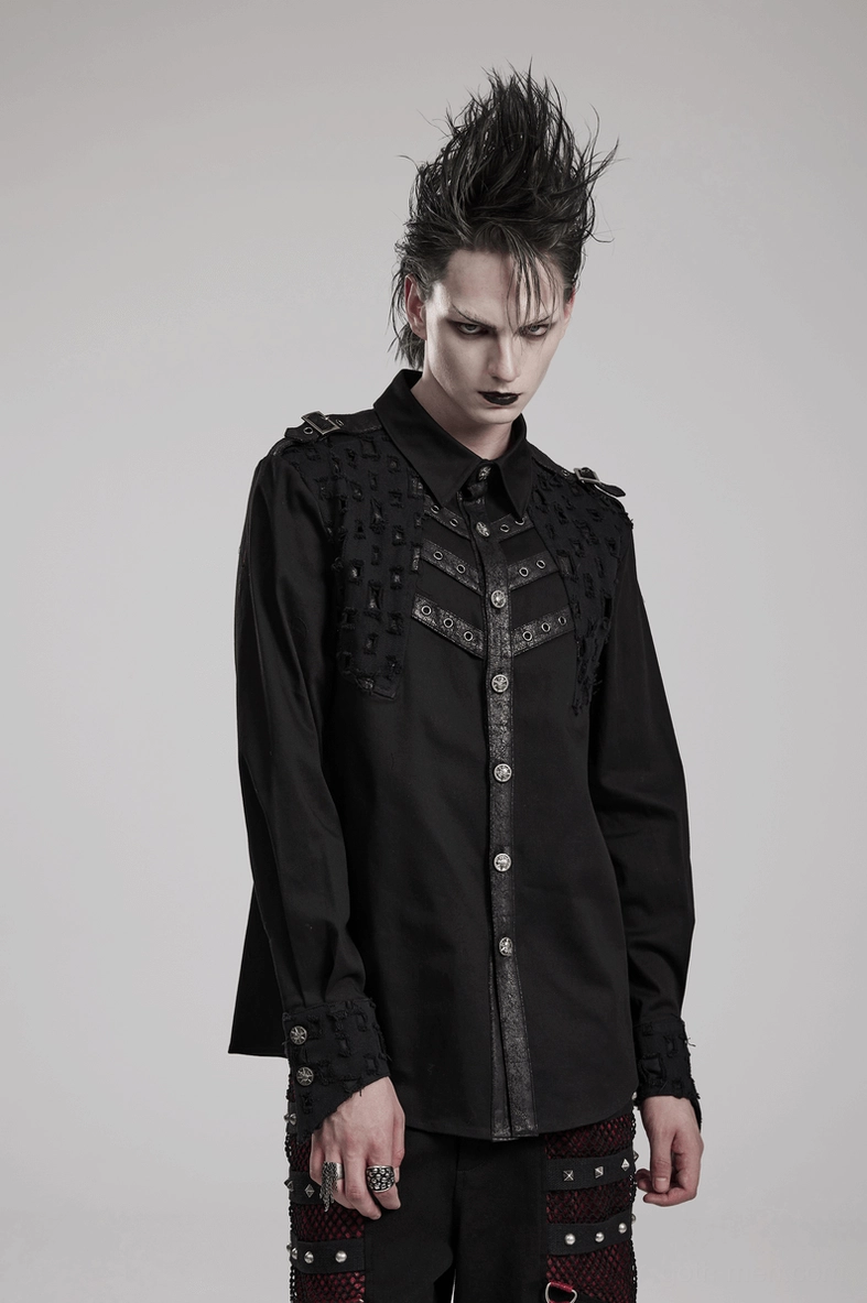 Black gothic long sleeve shirt detail showing industrial punk aesthetic with geometric studs and skull embellishment