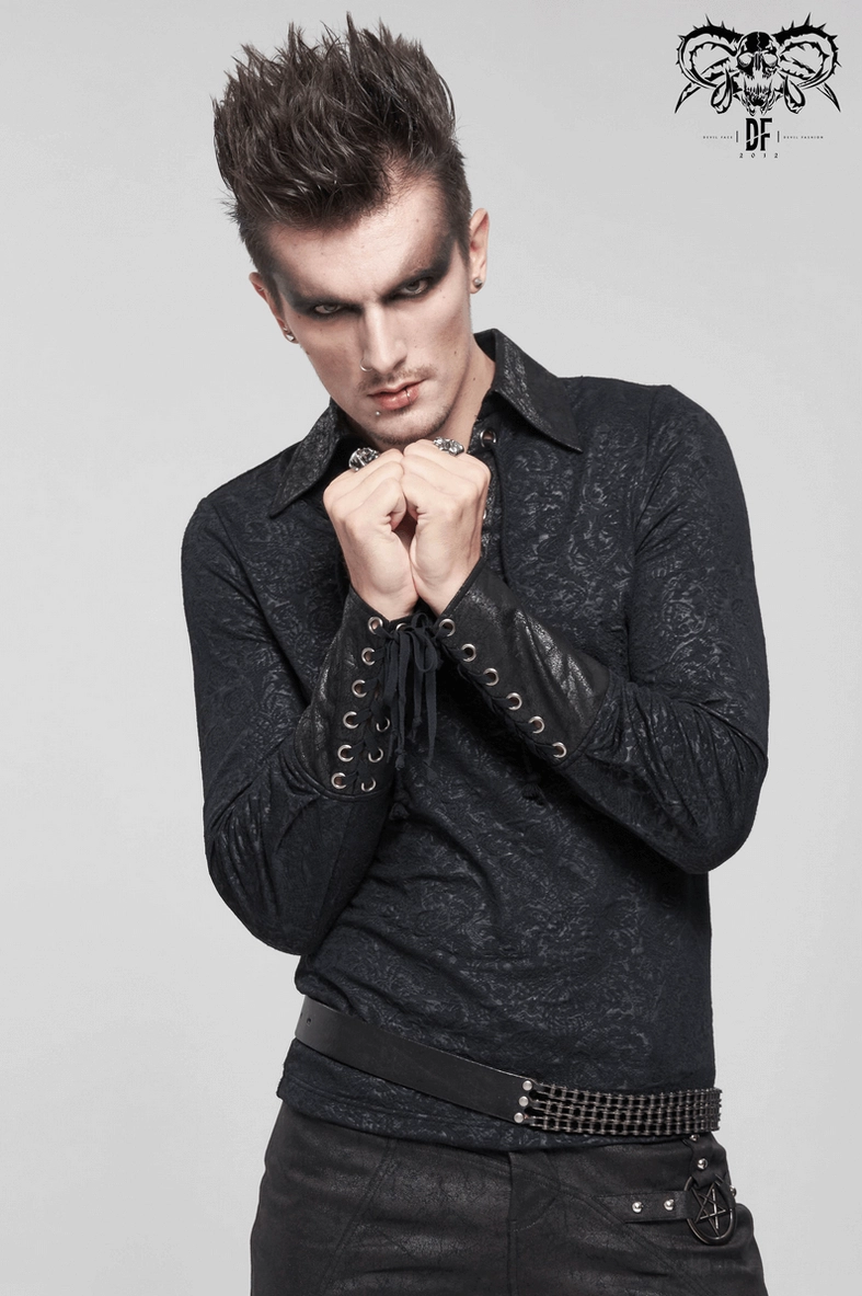 Black gothic lace-up jacquard shirt detail showing collar turn-down and front lace closure mechanism