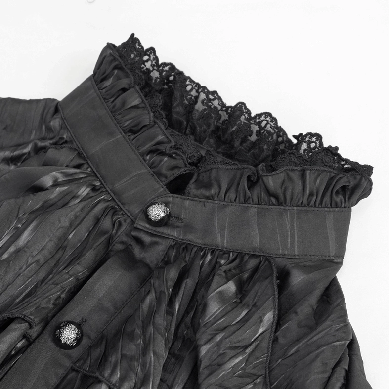 Close-up of men's gothic shirt lace stand collar featuring embossed decorative metal buttons and intricate lace trim