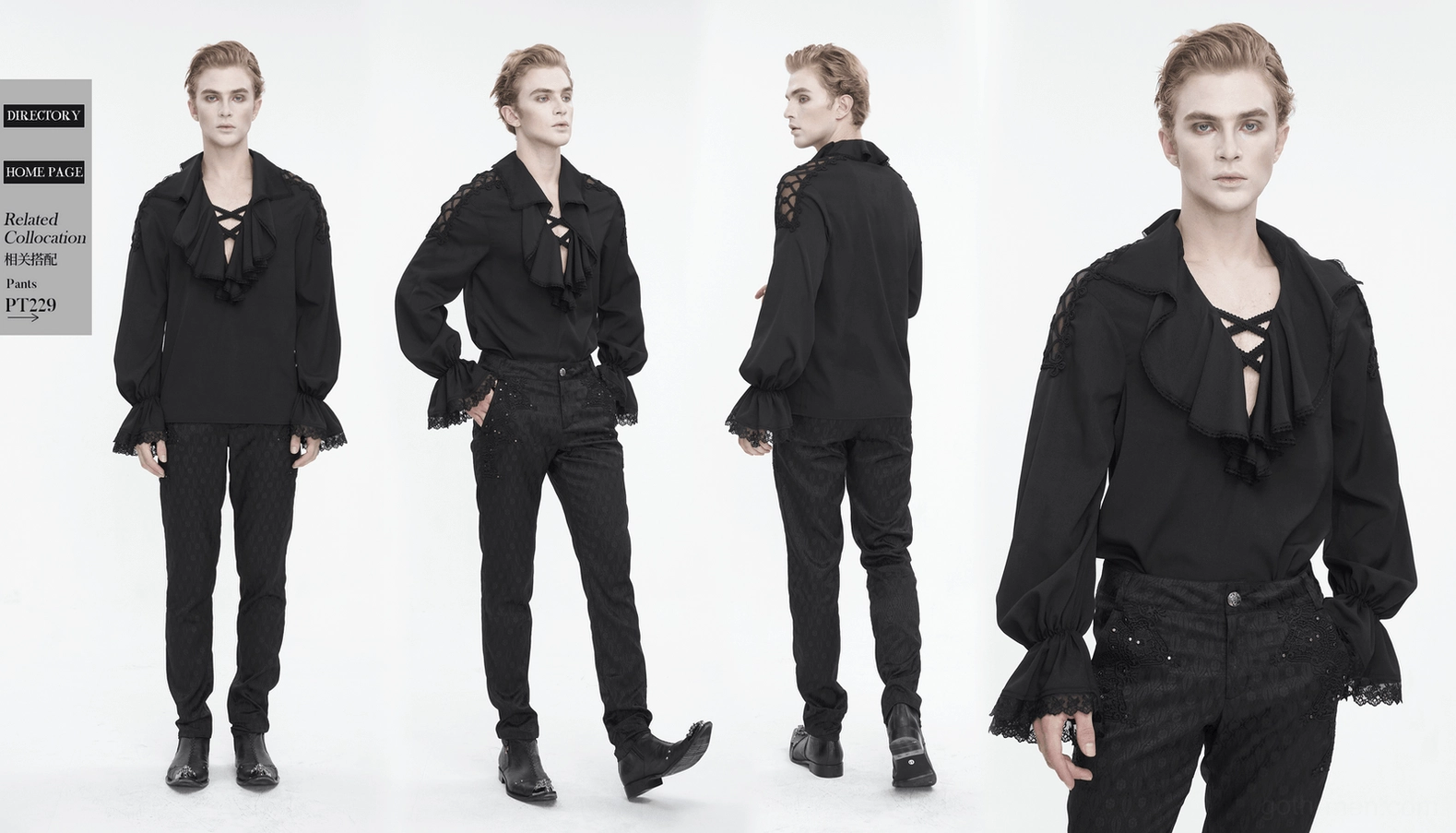 Black gothic ruffle shirt lace accent details - Victorian-inspired ornamentation and decorative elements