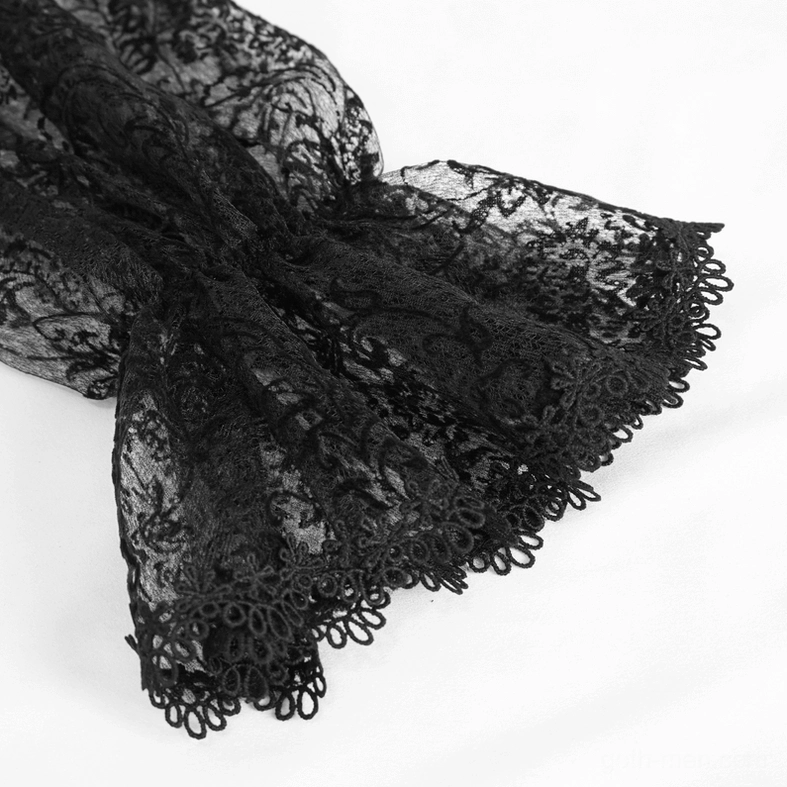 Close-up detail of scalloped lace ruffle collar with floral lace pattern on gothic shirt