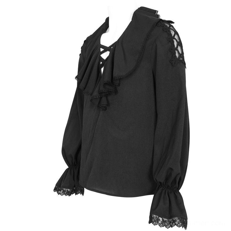 Black gothic dress shirt with lace shoulder cutouts and gathered bishop sleeves - three-quarter front angle