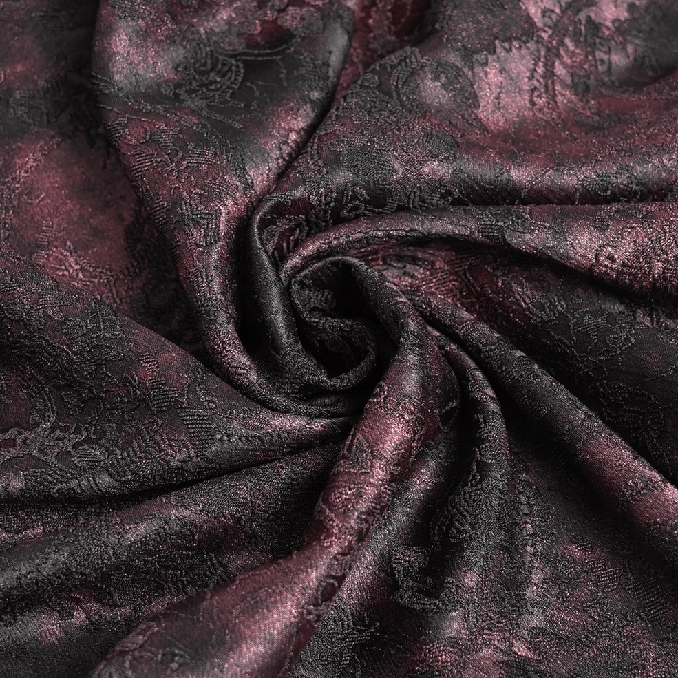 Ornate lace trim and embossed panel detailing on burgundy gothic romantic shirt