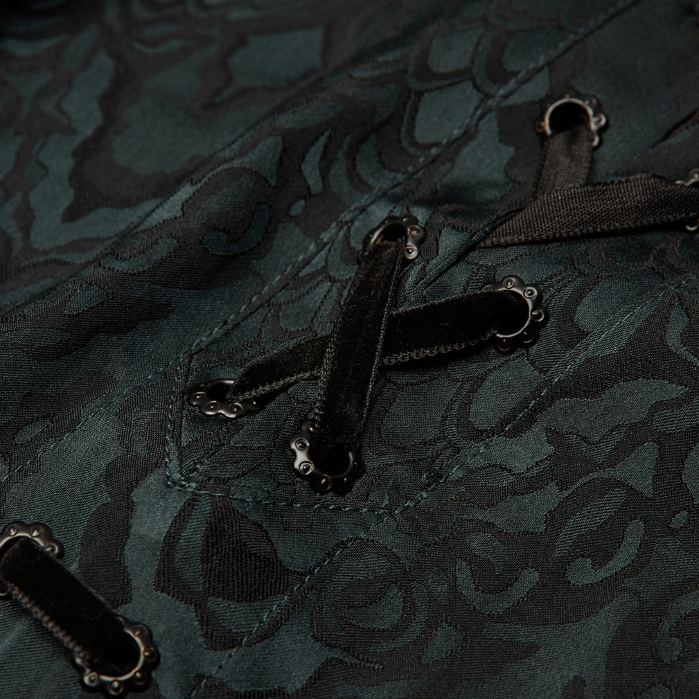 Close-up detail of lace-up collar showing metal eyelets, velvet lacing, and vintage hardware on Gothic Shirt