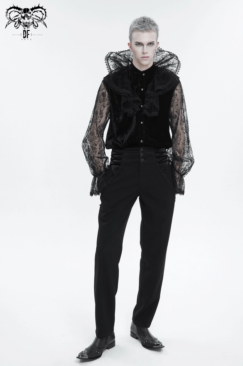 Gothic lace shirt lantern sleeve close-up showing transparent floral lace and fit details