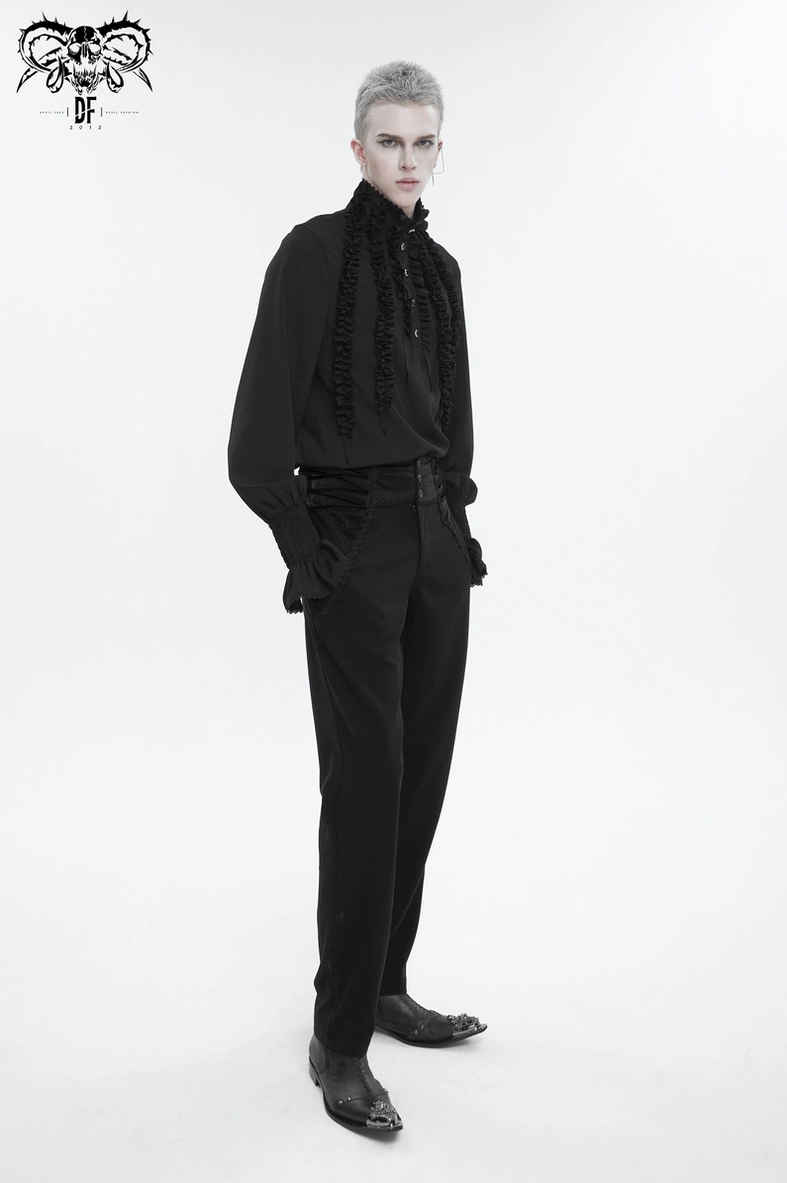 Black gothic shirt layered ruffle and button detail close-up, Victorian-inspired frilly design
