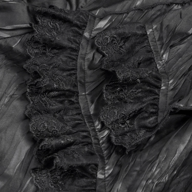 Side close-up of men's gothic shirt front ruffle panel showing layered lace ruffles and soft satin fabric construction