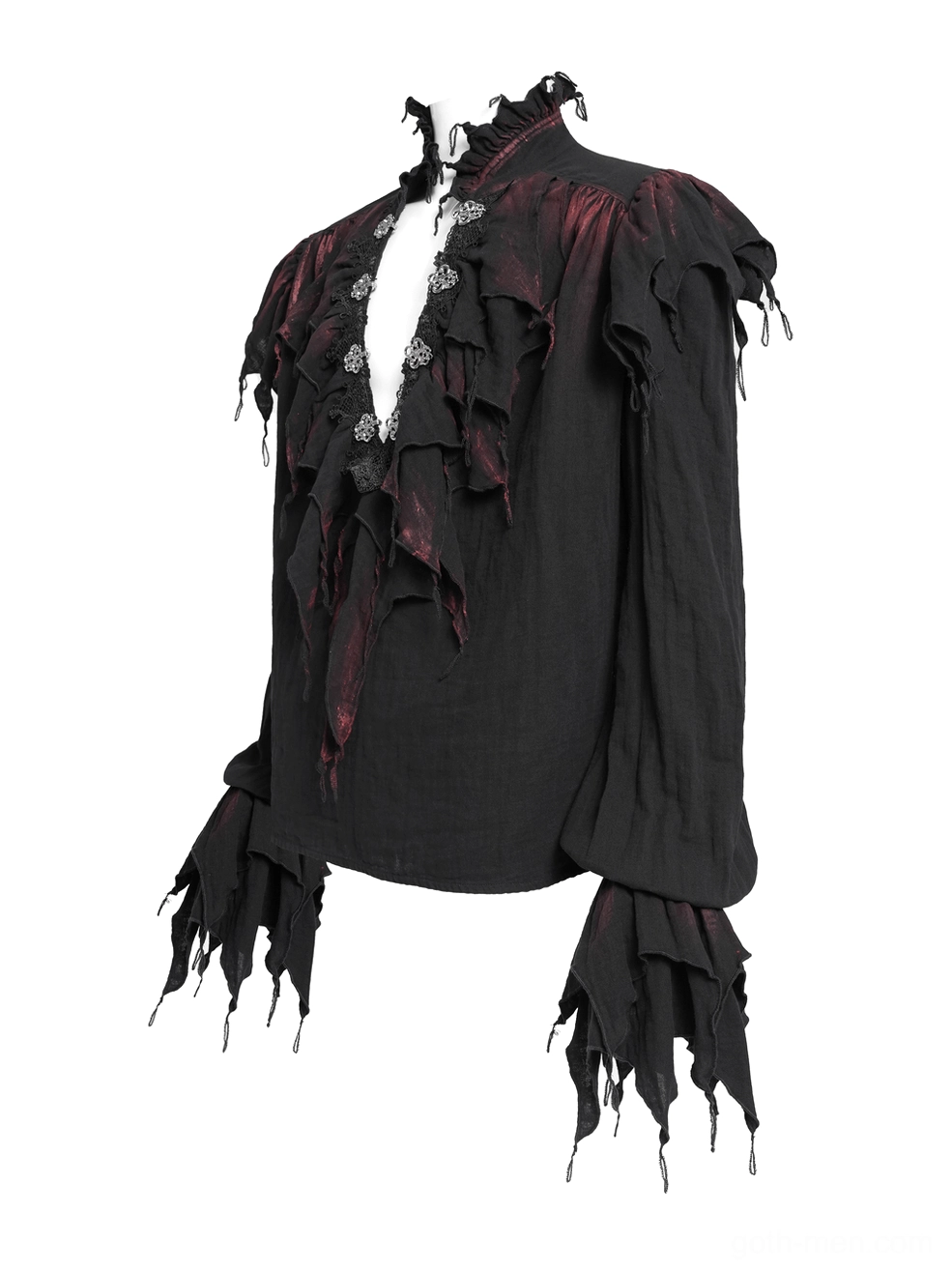 Gothic vampire shirt side detail, showing layered ruffled trim and frayed cuff with wine-red gradient