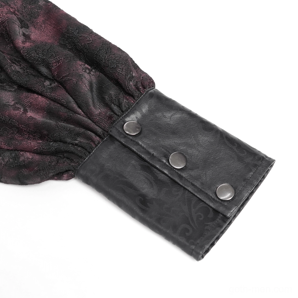 Faux leather front panel detail on dark romantic gothic shirt with decorative button fastening