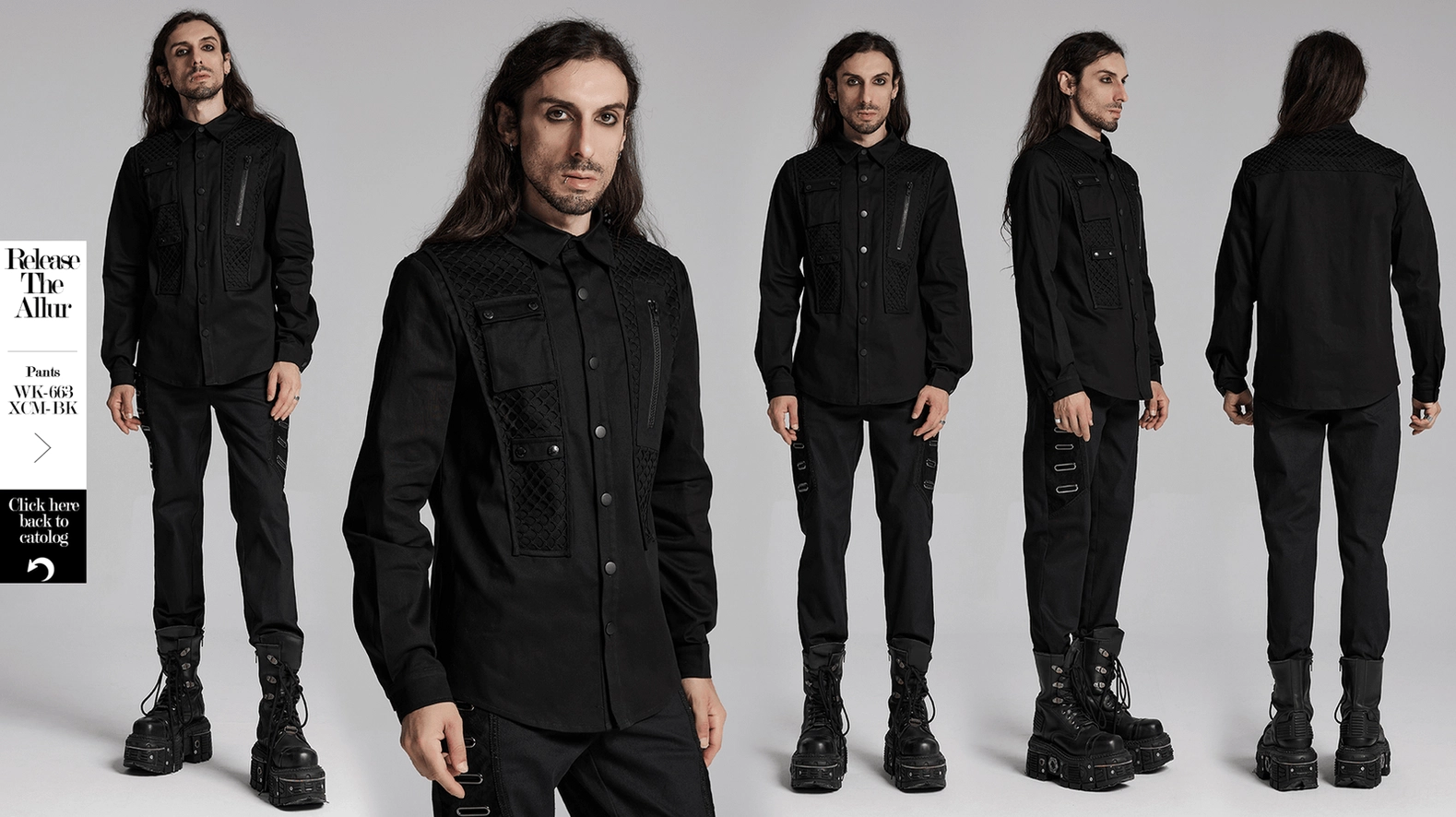 Black gothic industrial mesh shirt showing contrast between quilted mesh panels and solid woven body