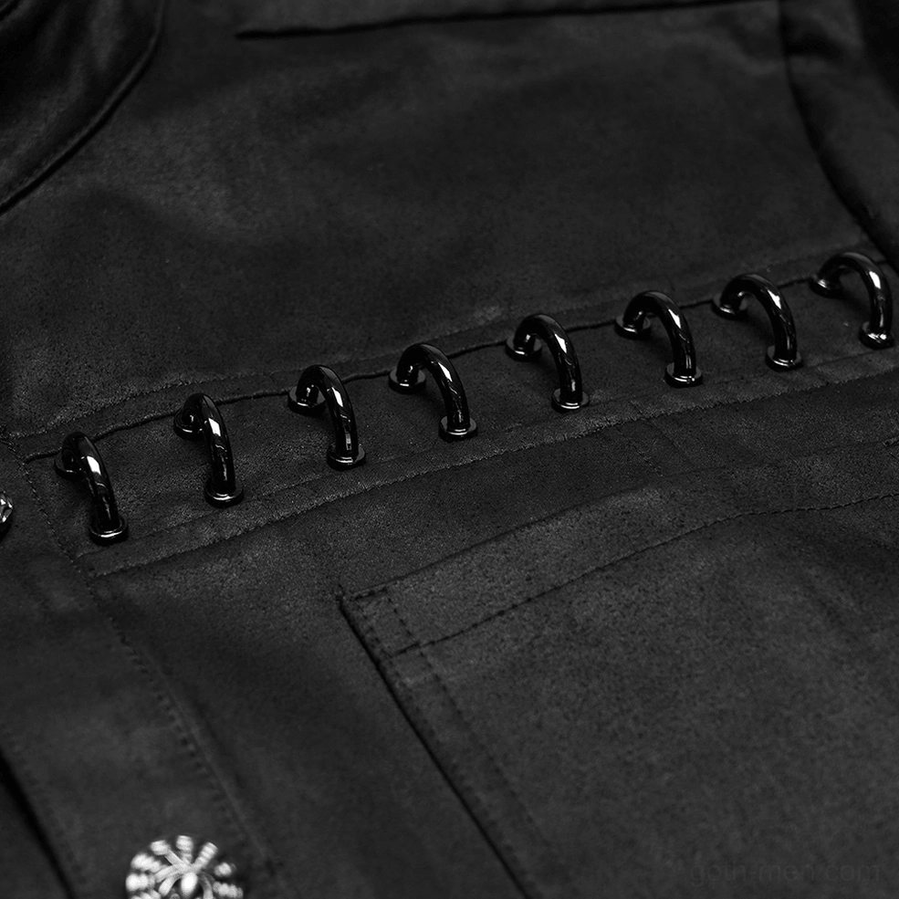 Close-up of black metal hardware and washed suede fabric texture